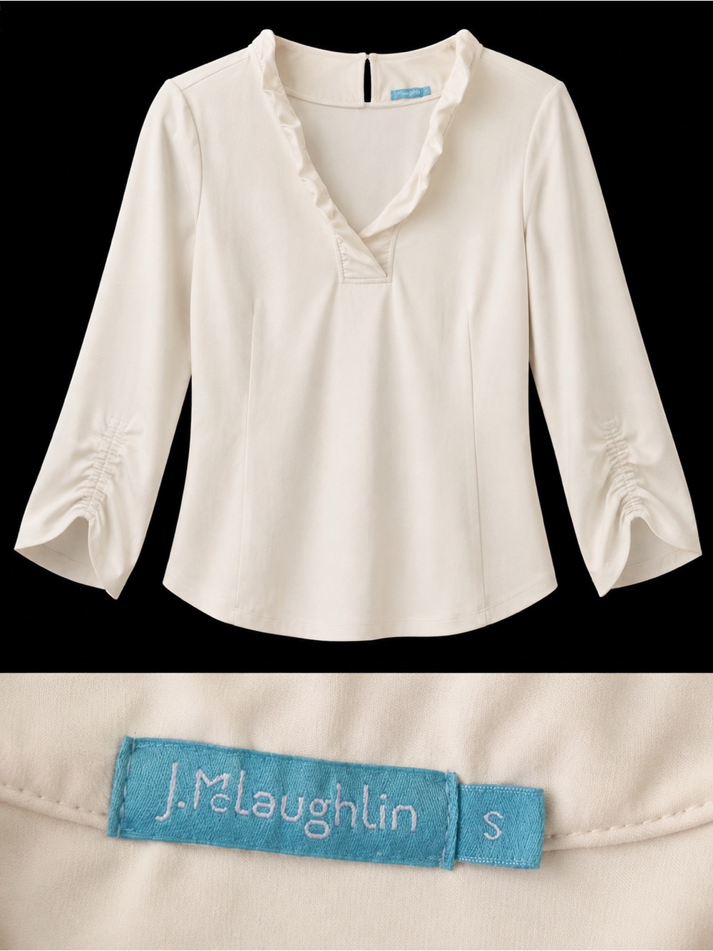 J. McLaughlin Cream white Ruffle V-Neck Three-Quarter Sleeve Blouse